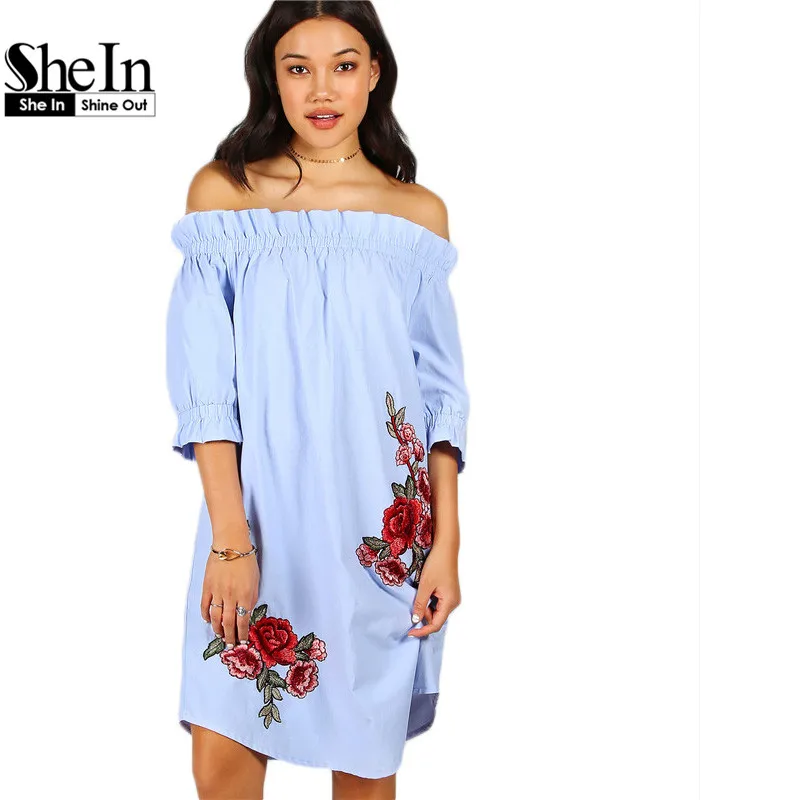 Buy Cheap SheIn Womens Dresses New Arrival 2017 Vintage Summer Dress Blue Rose Patch Detail Off The Shoulder Knee Length Dress