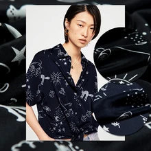 Чехол-накладка с мультипликационным рисунком чистый шёлк с принтом крепдешин ткань, черный и темно-синий, для шитья стеганых, платья, юбки, блузки, ребенок, ремесла по двор