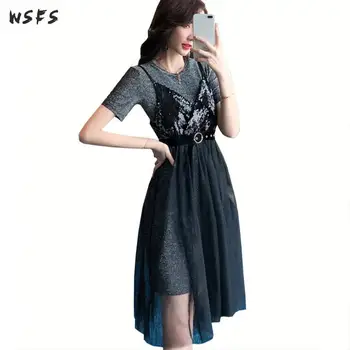 

2 Piece Set Summer Black Mesh Spaghetti Strap Dresses Sequined Womens Dress 2019 Grey See Throught Ladies Long Sexy Party Skirts