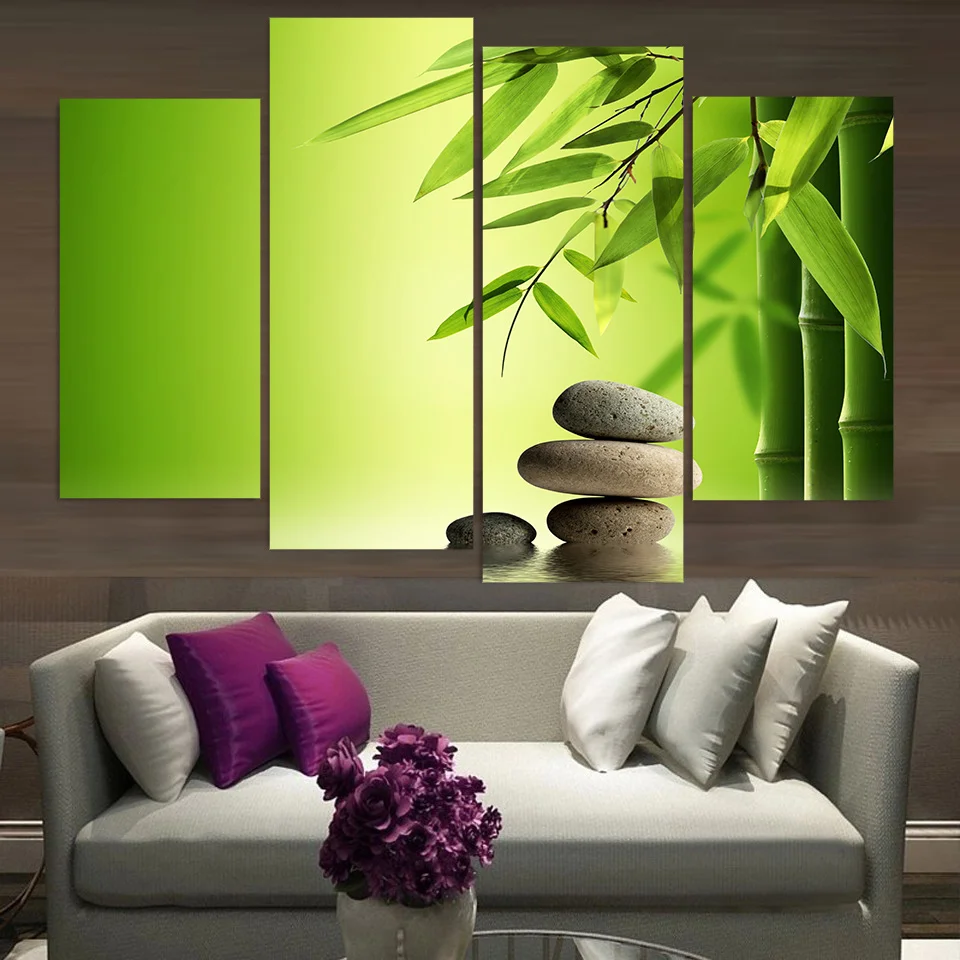 Современные HD принты на холсте настенная живопись 4 панели дзен камни бамбук вода Модульная картина плакат Куадрос Декор Lving рамки для комнаты