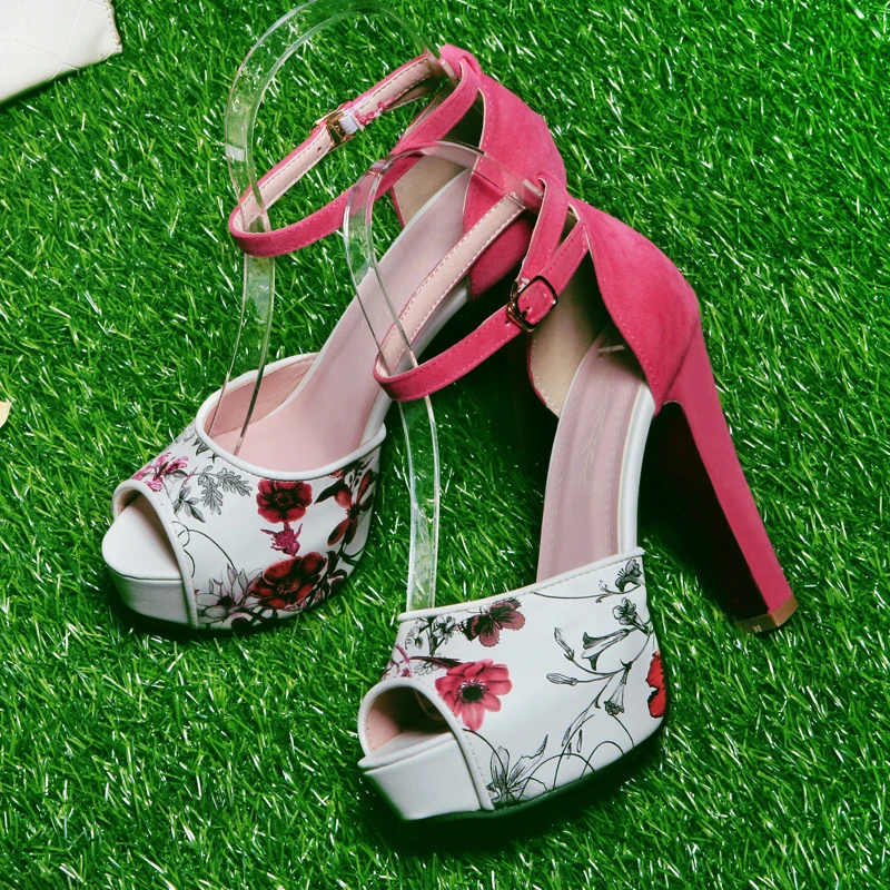 KARINLUNA/Новые поступления на платформе с открытым носком женская обувь модные женские с цветочным принтом с ремешками на лодыжках Обувь на высоком каблуке женские босоножки
