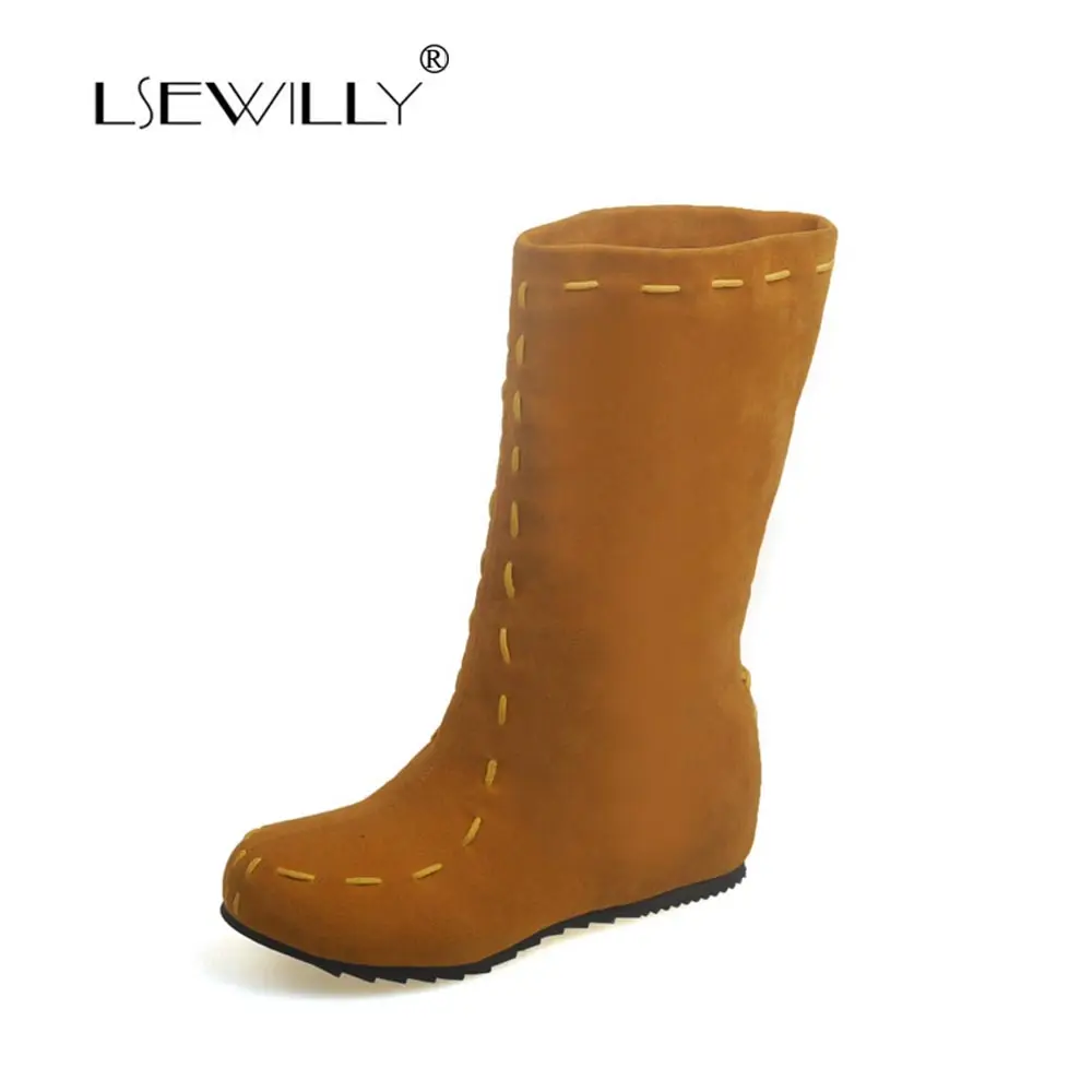 

Lsewilly Women Boots Comfort Simple Half Boots Flat Heel Mid-Calf Boots Sweet Lady Shoes 2017 New Winter Plus Size 34-48 LYZ074