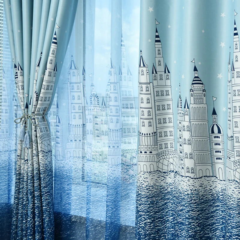 

Water Castle Printed Blue Blackout Curtains and Sheer Curtain Tulle for Kids Children Room Customized Window Treatment WP2303