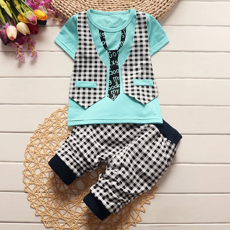 

NYSRFZ2017 Infant clothes toddler children summer baby boys clothing sets cartoon 2pcs lattice clothes sets boys summer set Q081