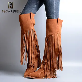 

Prova Perfetto Euramerican Design Genuine Leather Cow Suede Tassels Over The Knee Boots Solid Pointed Toe Zip Women Martin Boots