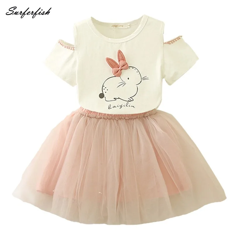 

Summer 2019 Kids Suit Girls Letter Rabbit Short-sleeved T-shirt + Tulle Skirt Two-piece Suit Summer outfit