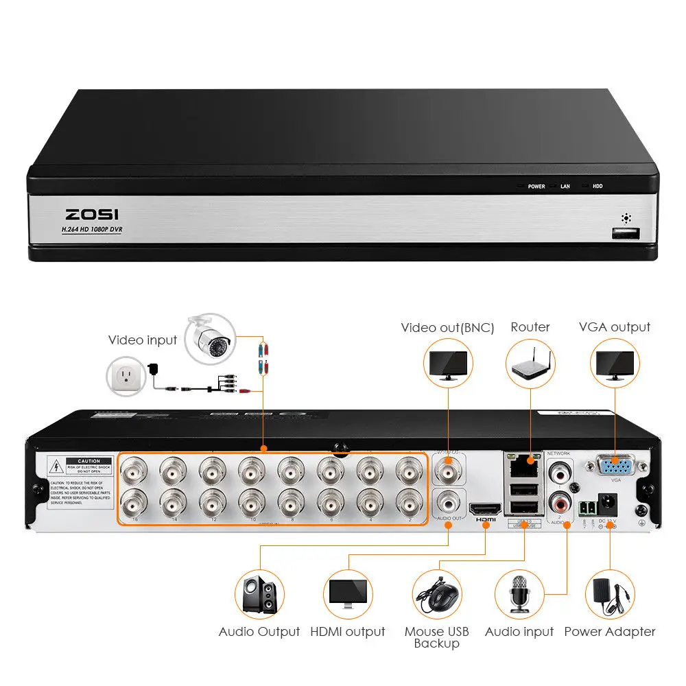  ZOSI HD 1080P 16CH DVR Surveillance Video Recorder H.264 P2P DVR Recorder Phone Control For Surveil
