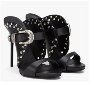 

Sexy Rivets Studs Women Slingback Sandals Peep Toe Stiletto High Heels Black PU Leather Gladiator Sandals Summer Shoes Woman 40