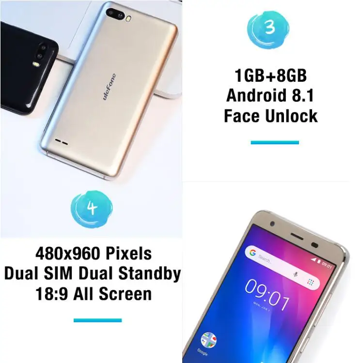 Ulefone S1 Face ID 3000 mAh 3g мобильный телефон 5 "18:9 полный Экран MT6580 4 ядра 1 GB + 8 Android 8MP