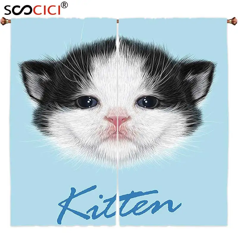 

Window Curtains Treatments 2 Panels,Cartoon Decor Portrait Of Domestic Kitten Newborn Bicolor Fury Head Pink Wet Nose Artsy