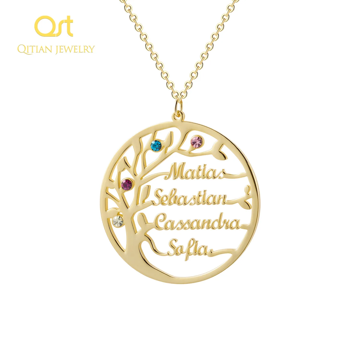 

Statement family tree necklace Iced Out custom name Birth Stone choker Gold stainless steel jewelry personalized Christmas Gift