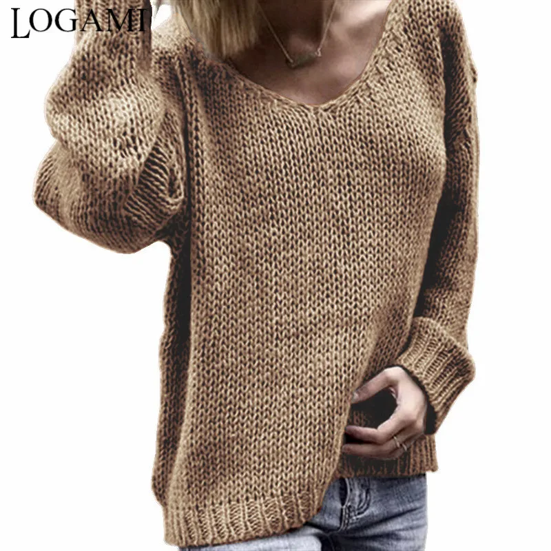 

LOGAMI V Neck Loose Pullovers And Sweater Women Spring Autumn Oversize Jumper Woman Long Sleeve Sexy Pullover