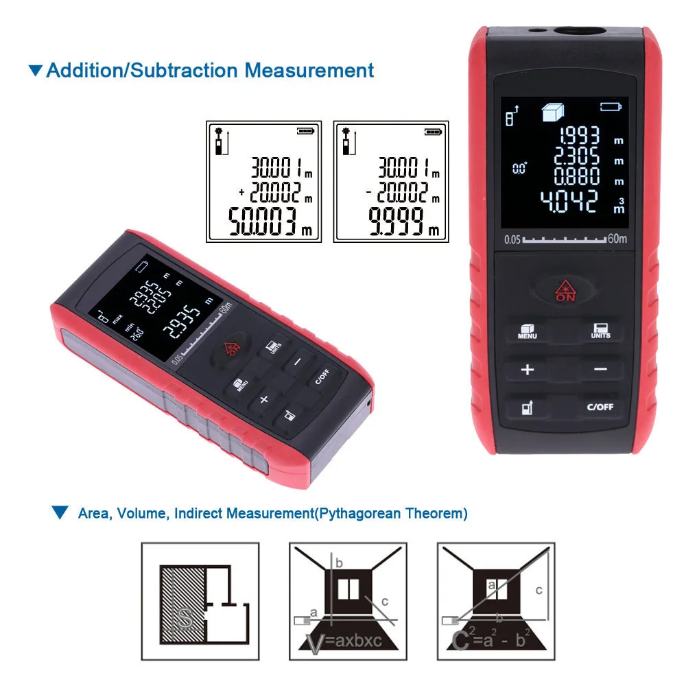 40/60/ 80/100M High precision Laser rangefinder Handheld laser Distance Meter Range Finder Area Volume Measure +Angle Indication 40/60/ 80/100M High precision Laser rangefinder Handheld laser Distance Meter Range Finder Area Volume Measure +Angle Indication