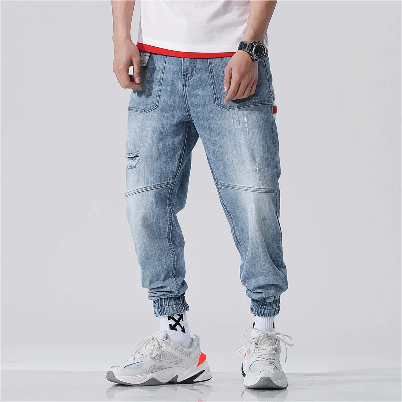 

Hole-in jeans men's fashion pants loose weight large yard harem pants relaxed light-colored High-end quality Nine point length