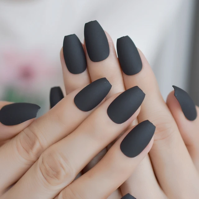 Black Pure Color Coffin Full Cover Fake Nail Matte Ballerina Simple Black Pure Color Coffin Full Cover Fake Nail Matte Ballerina Simple