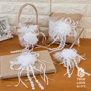 

Wedding accessories linen girl basket ring pillow sign book pen wedding supplies Four-pcs set wedding decoration