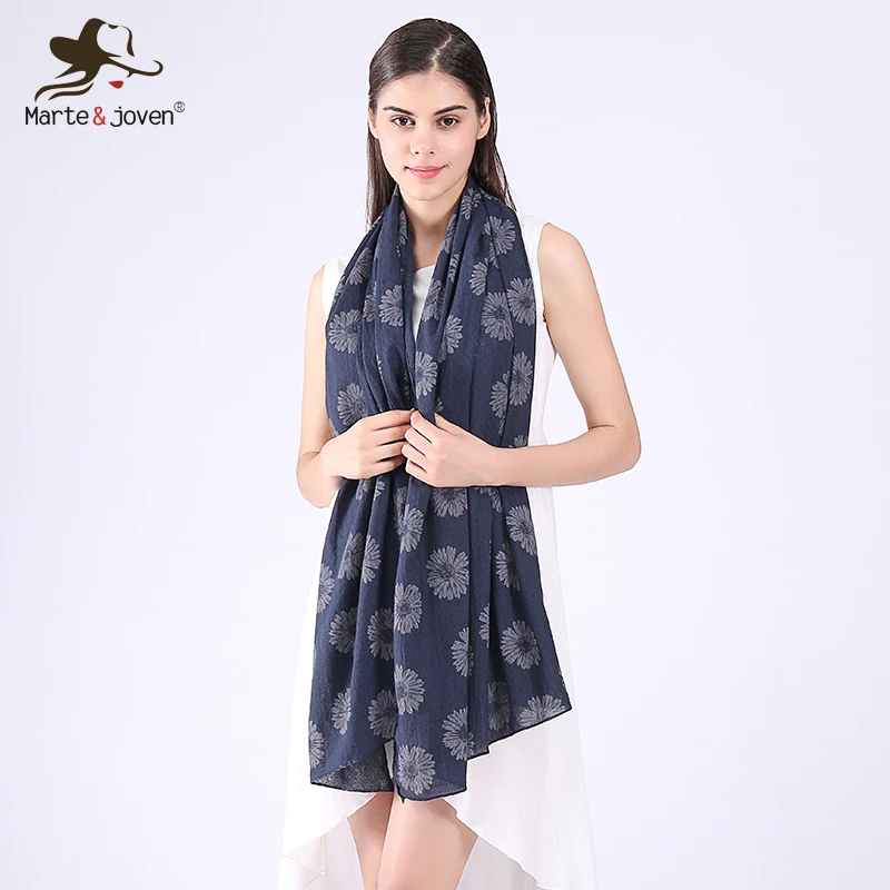 

Marte&Joven Women Elegant Daisy Flower Printed Scarves Pure Cotton Breathable UV-Protecting Long Shawls Ladies Fashion Foulard