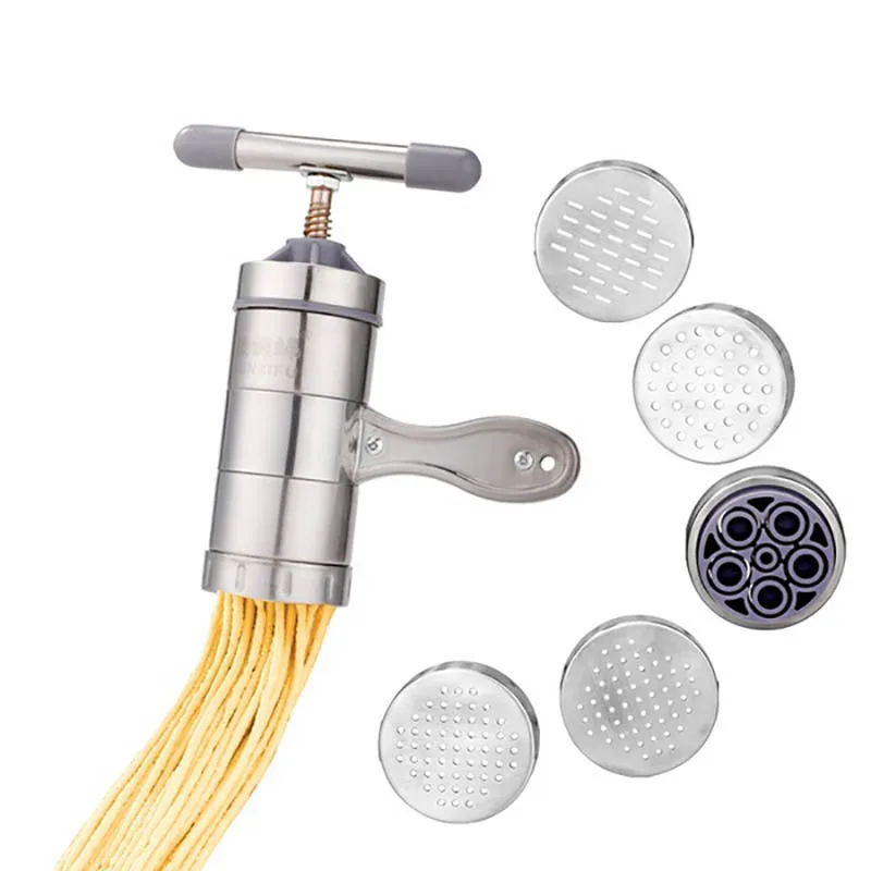 

Manual Noodle Pasta Press Maker Machine Hand Crank Cutter, Manual Fruits Juicer Cookware with 5 Moulds for Making Noodle