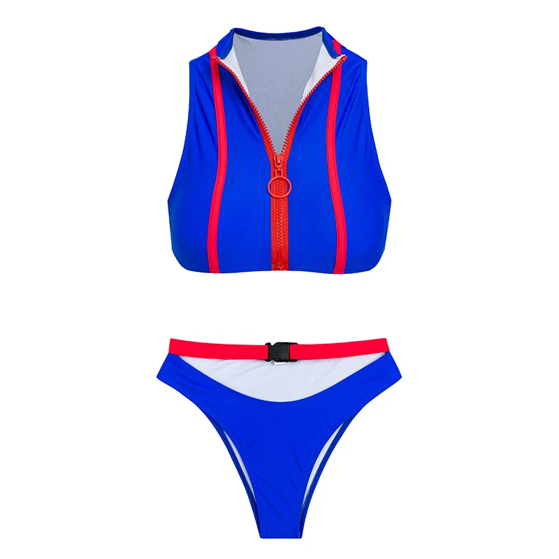 Mis купальник с высоким вырезом на молнии, женский купальник с пряжкой, сексуальное бикини,, пуш-ап, спортивная одежда для плавания, женский укороченный топ, белый купальник для плавания - Цвет: Синий
