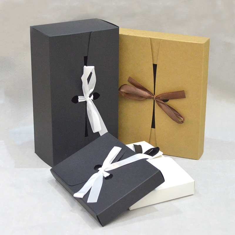 

10pcs Paper Giftbox White Black Kraft Custom Packaging Box With Ribbon Gift Box Packaging for Candy Wedding Gift Box Large