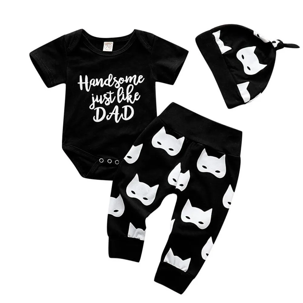

Children Suits Newborn Boy Handsome Just Like Dad Layette Letter Romper Hat Pants Set Outfits kids clothing hooded short sleeve