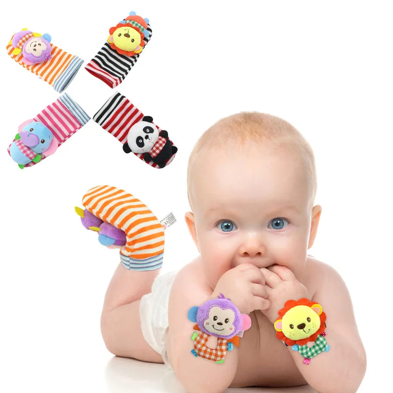 Fashion Infant Rattles Sock Toy Handbell Cartoon Animal Baby Foot Wrist Strap Plush Socks Toys For