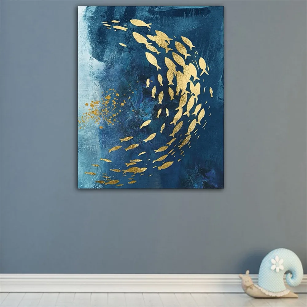 

Abstract Gold Fish Chinese Canvas Painting Big Blue Poster Print Luxurious Wall Art For Living room Aisle Gold tableaux Picture