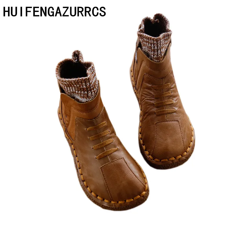 

HUIFENGAZURRCS-Pure handmade boots,Genuine leather and Stitching of knitting wool shoes,The retro art mori girl shoes,3 colors