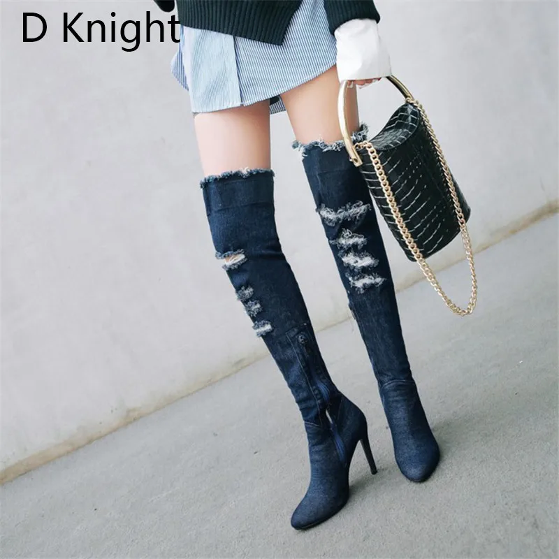 2018 Winter Boots Sexy Ponited Toe Women's Over The Knee Boots Fashion Denim Blue thigh High Boots Large Size 48 High Heels Boot (4)