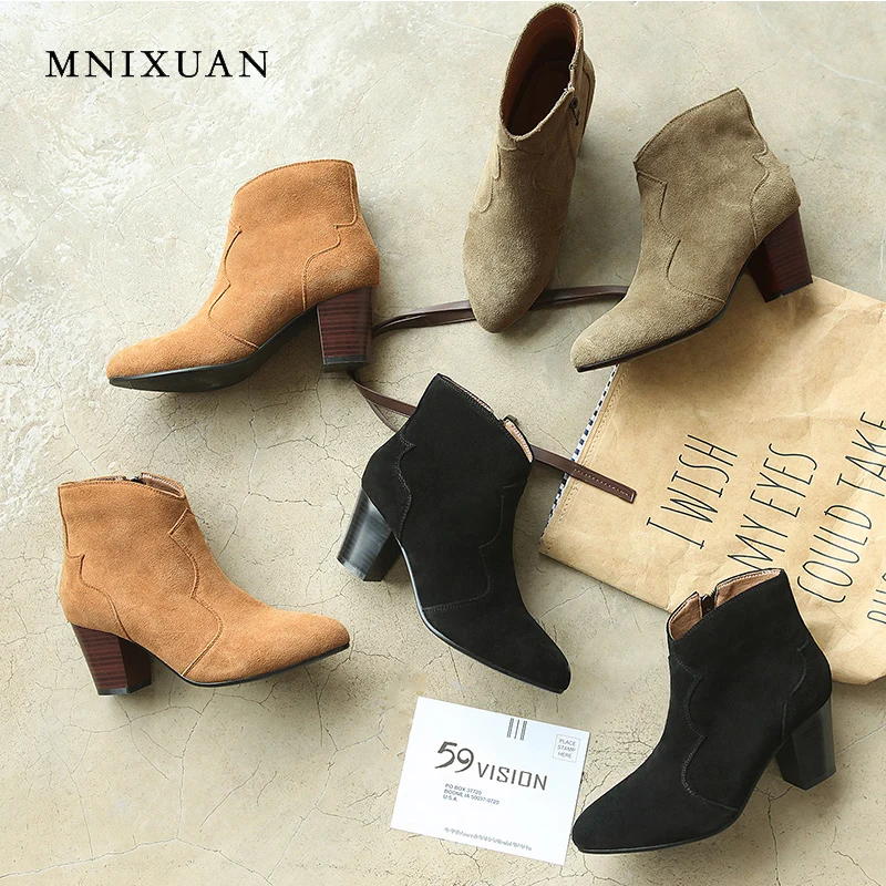 

MNIXUAN winter women shoes ankle boots block high heels suedeU round toe solid office ladies short boots with zipper big size42