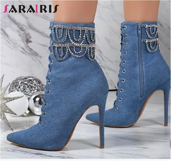 

SARAIRIS New Plus Size 34-47 Crystal Chain Zip Cross Tied High Heels Shoes Woman Casual Party Sexy Spring Autumn Ankle Boots