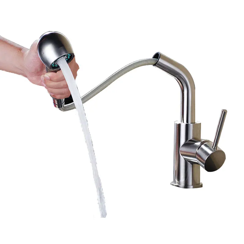 

Brass Brushed Nickel Pull Out Kitchen Faucet Mixer Wash Basin Bathroom Sink Tap Faucets Hot and Cold 60cm hose
