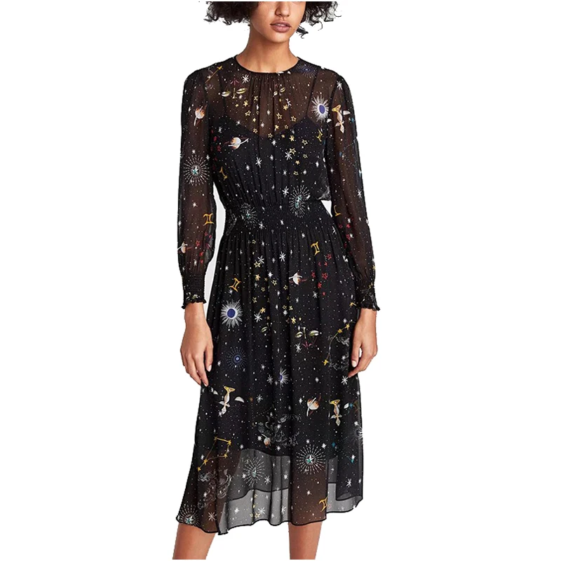 NYMPH Women Vintage Printed Dress Long Sleeve O Neck 2pcs Casual