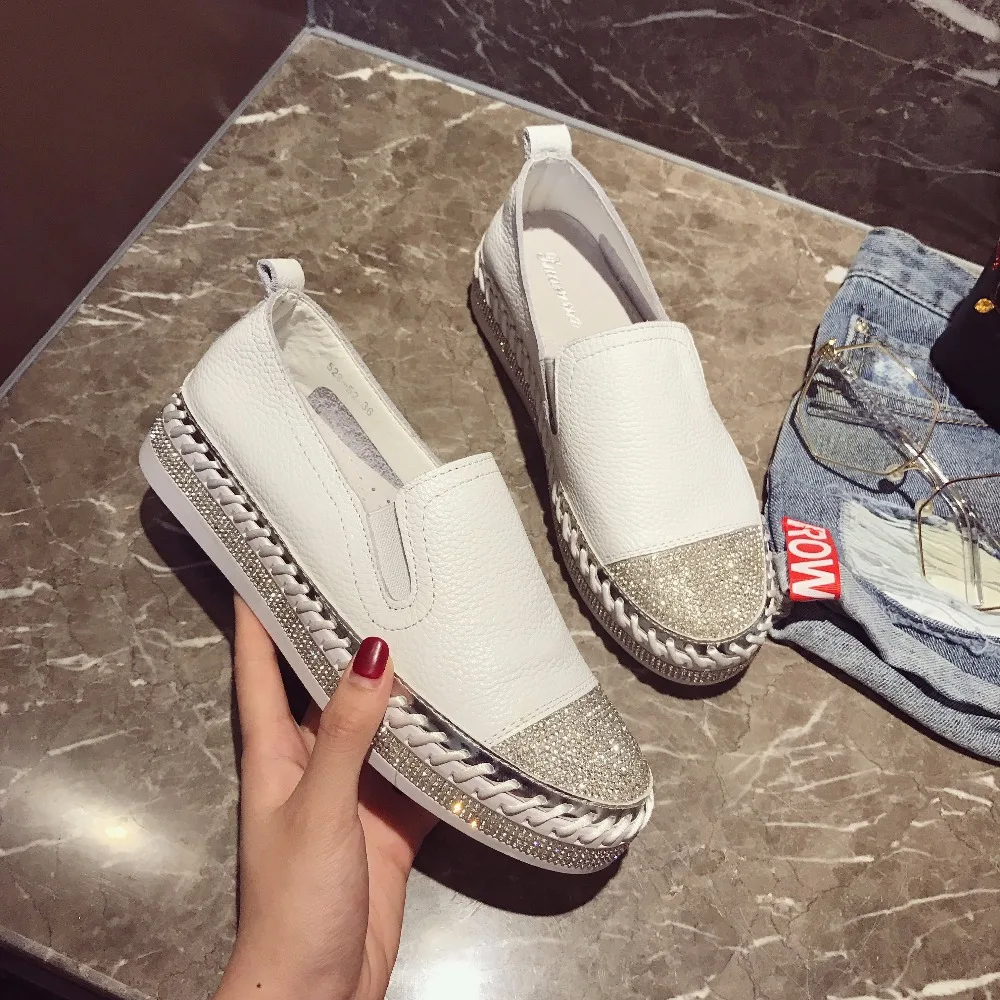 

Designer Famous Brand Patchwork Espadrilles Shoes Woman Genuine Leather Creepers Flats Ladies Loafers White Leather Moccasins