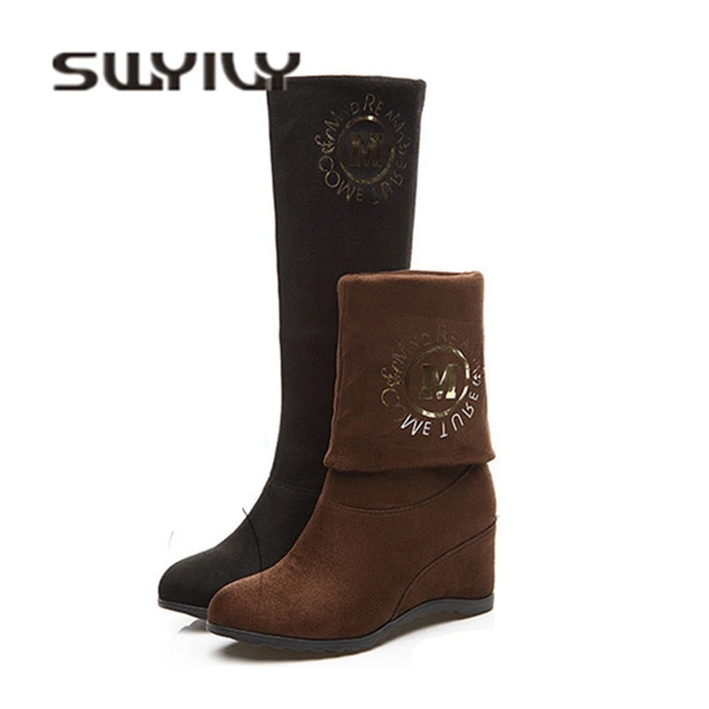 

SWYIVY Woman Boots Plus Velvet Fur Winter 2018 Wedge Female Snow Boots High Tall Warm Lady Snowboots Fur Anti Slip 40 Plus Size