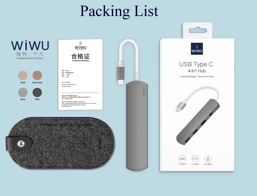 WIWU Type C Hub with HDMI 4 in 1 USB 3.0 Adapter for MacBook Hub USB Computer Peripherals USB Type C HDMI for MacBook Pro Air