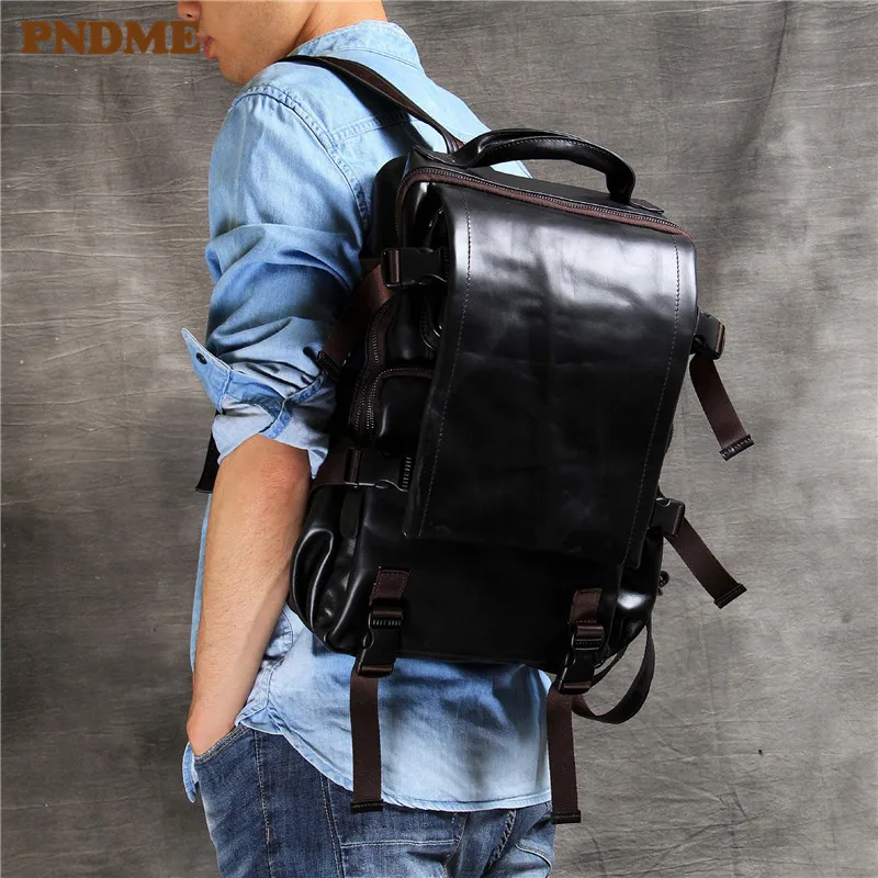 

PNDME casual simple black genuine leather backpack handmade soft first layer cowhide outdoor daily big schoolbag travel bag