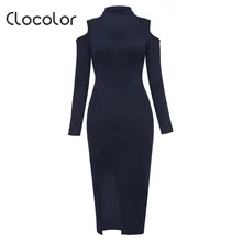 Clocolor Для женщин Bodycon платье сплошной v-образным вырезом вязаный полые пуловер один до середины икры с длинным рукавом Леди 2018 модные женские туфли платье
