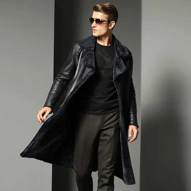 Real Sheepskin Fur Coat Genuine Leather Male Winter Long Thick Jacket