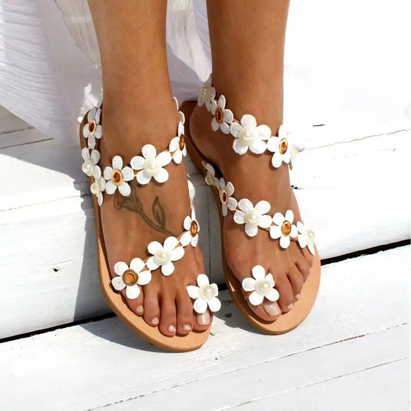 

SHUJIN Woman Sandals Summer Shoes For Women Bohemia Flat Sandals Beach Shoes 2019 Flowers Flip Flops Chaussures Femme