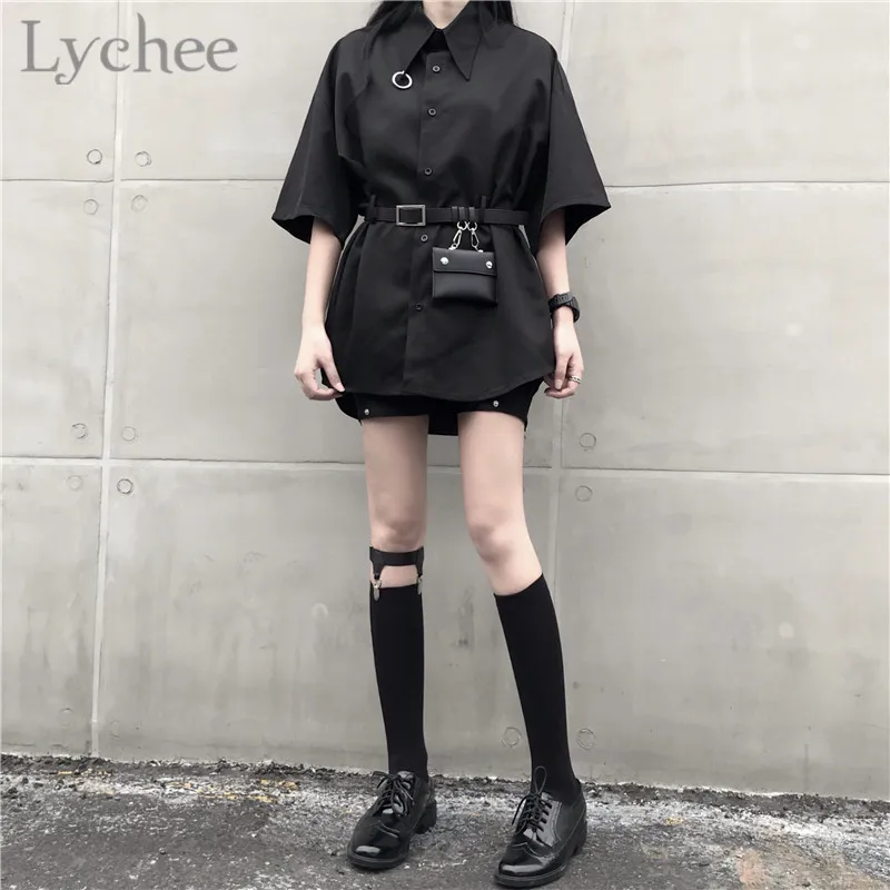 Lychee Gothic Dark Girl Ring Belt Blouse Women Shirt Turn Down Collar Short Sleeve Female Blouse Ca