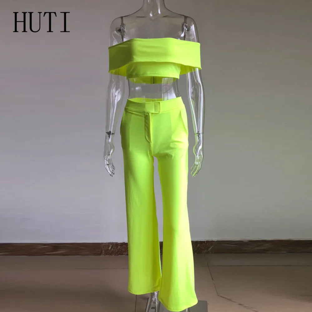 HUTI Off Shoulder Crop Top + Wide Leg Pants Trousers Women Elegant High Street Style Jumpsuits Summer Casual Combinaison Femme HUTI Off Shoulder Crop Top + Wide Leg Pants Trousers Women Elegant High Street Style Jumpsuits Summer Casual Combinaison Femme