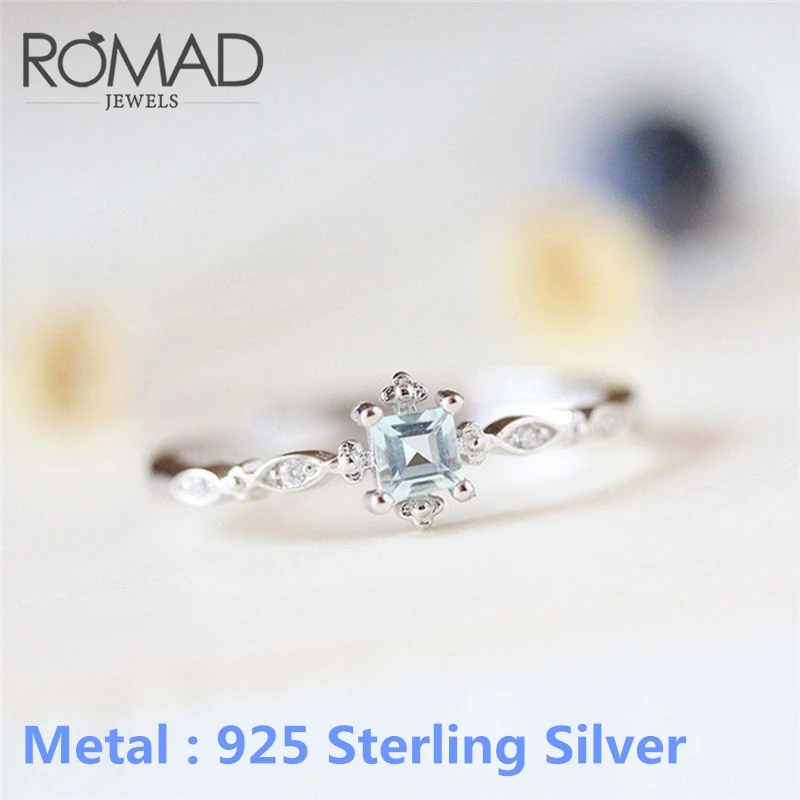 ROMAD Изысканные кольца с синим кристаллом для женщин, простой стиль, квадратное обручальное кольцо на палец, Дамское модное ювелирное изделие, bague femme R4 - Цвет основного камня: 925 sterling silver