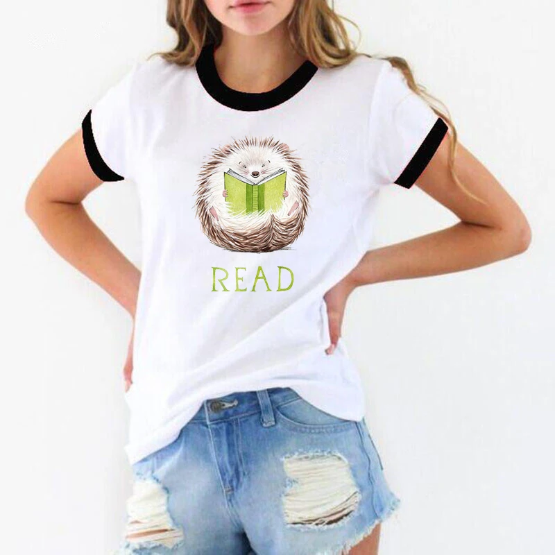 

2019 harajuku shirt women cute reading hedgehog print tumblr tshirt woman summer top female graphic white t shirt drop shipping