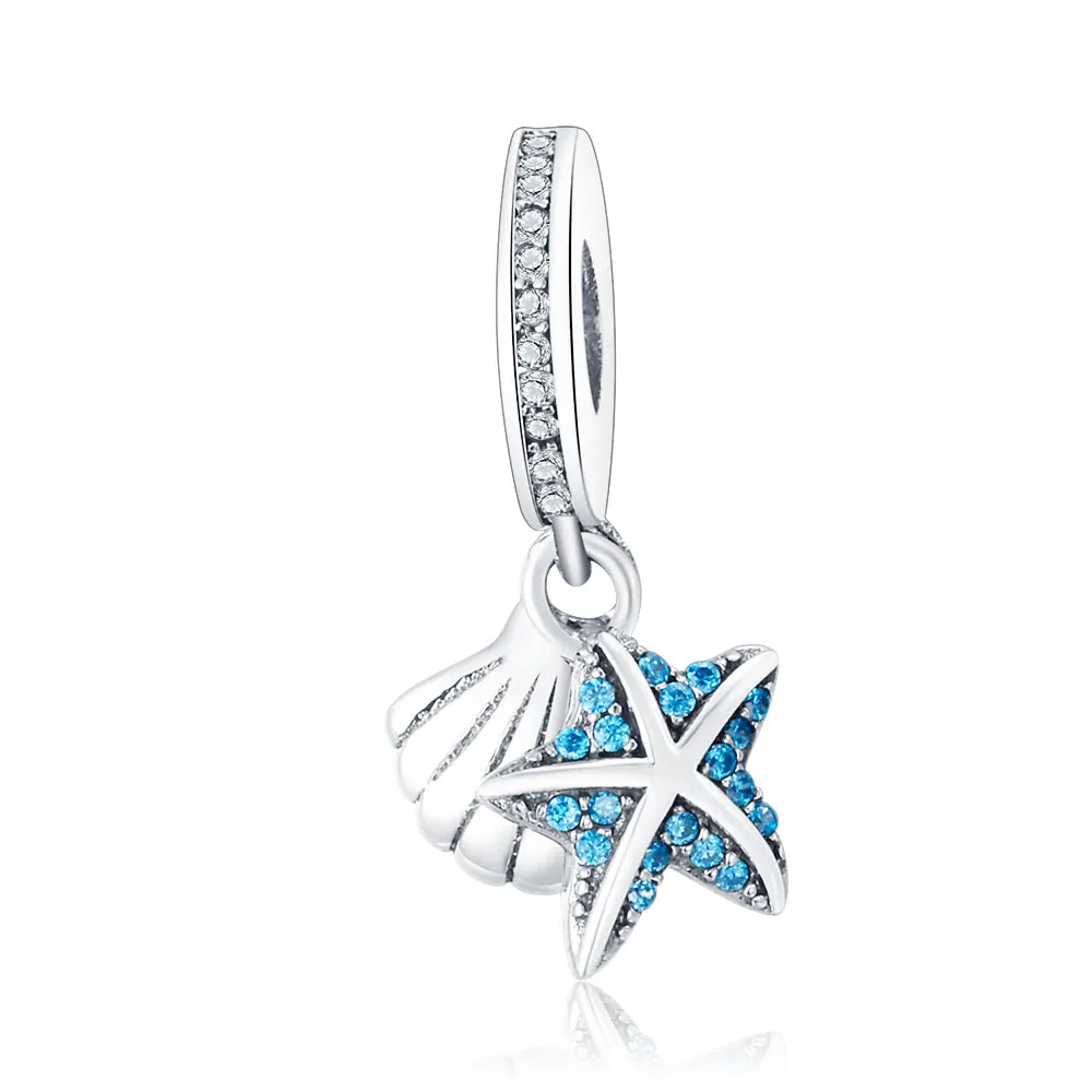 

2017 Summer Collection Tropical Starfish Seashell Dangle Charms With Green CZ Fits Original Pandora Charm Bracelet DIY Jewelry