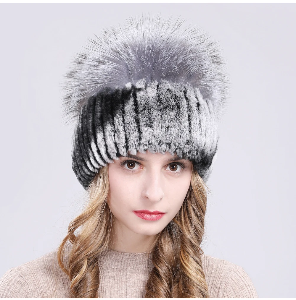 Outdoor Women Warm Soft Genuine Rex Rabbit Fur Hat Knitted Natural Real Sliver Fox Fur Caps Winter Real Rabbit Fur Beanies Hats