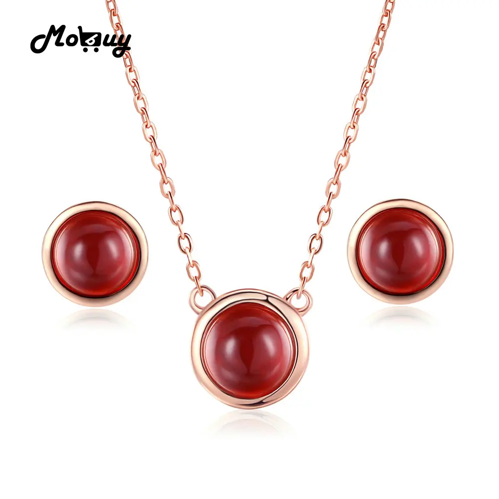 

MoBuy Simple Style 925 Sterling Silver Jewelry Set Round Gemstone Red Garnet Rose Gold Plated S925 Fine Jewelry For Women V034EN