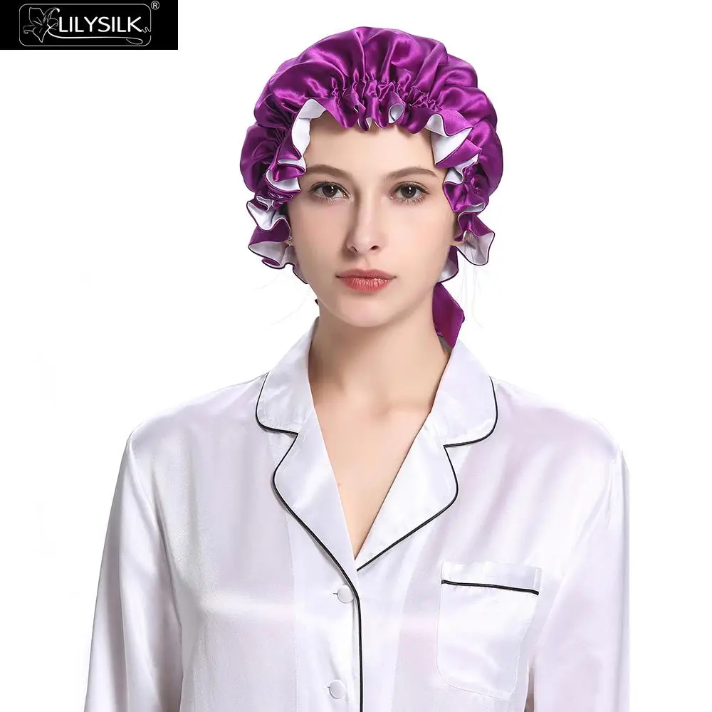 Lilysilk Double Silk Night Sleep Cap Luxury Women Hat Accessories Lady - Цвет: Violet and White