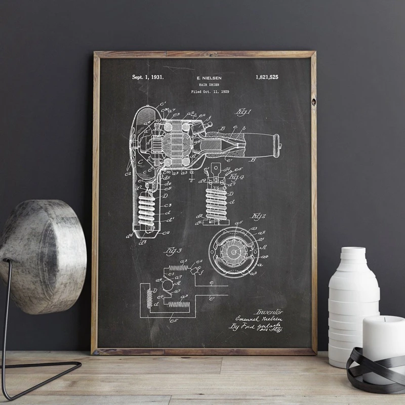 Blow Dryer Patent Painting Home Decor