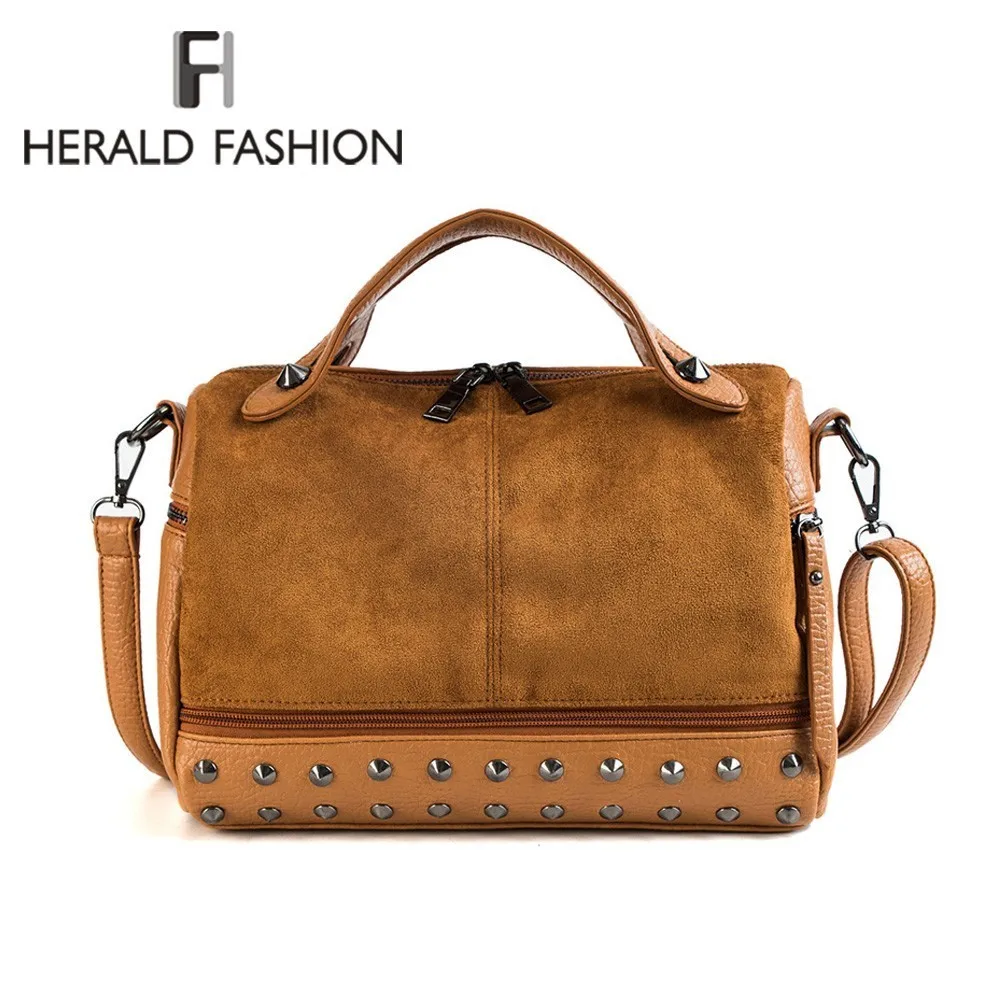 

Herald Fashion lady Top-handle bag with Rivets High Quality Leather Female Shoulder Bag Large Vintage Motorcycle Tote bag Sac